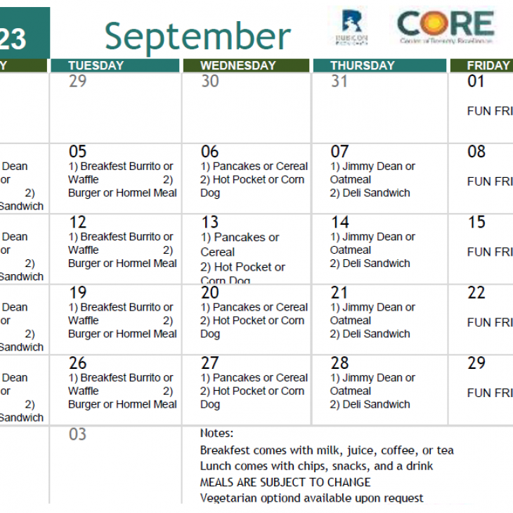 CORE Meals Menu
