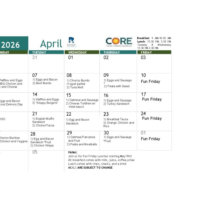 CORE April/Abril 2026 Meal Calendar