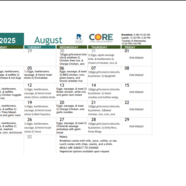 CORE August 2025 Meal Calendar