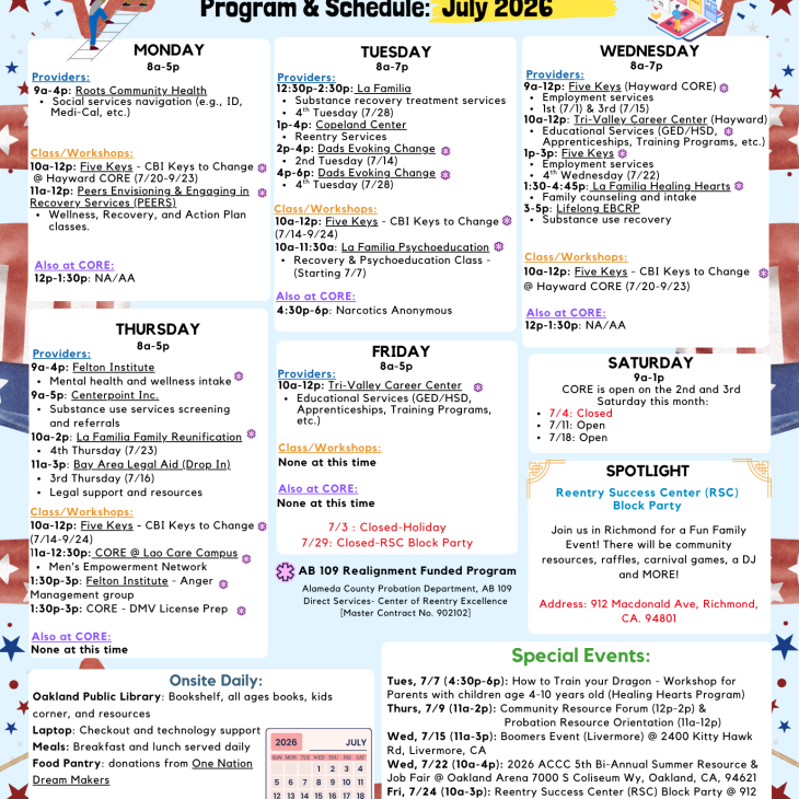 CORE July/Julio 2026 Calendar