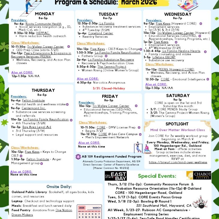 CORE March/Marzo 2026 Calendar