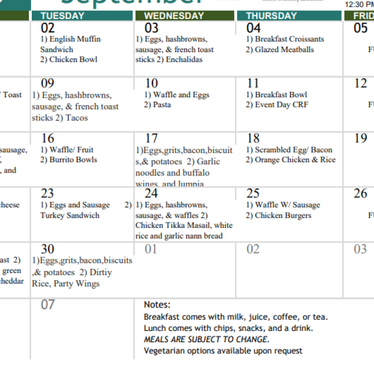 CORE September Meal Calendar