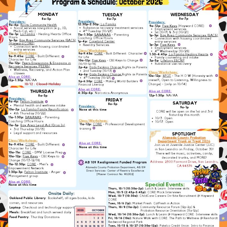 CORE October/Octubre 2026 Calendar