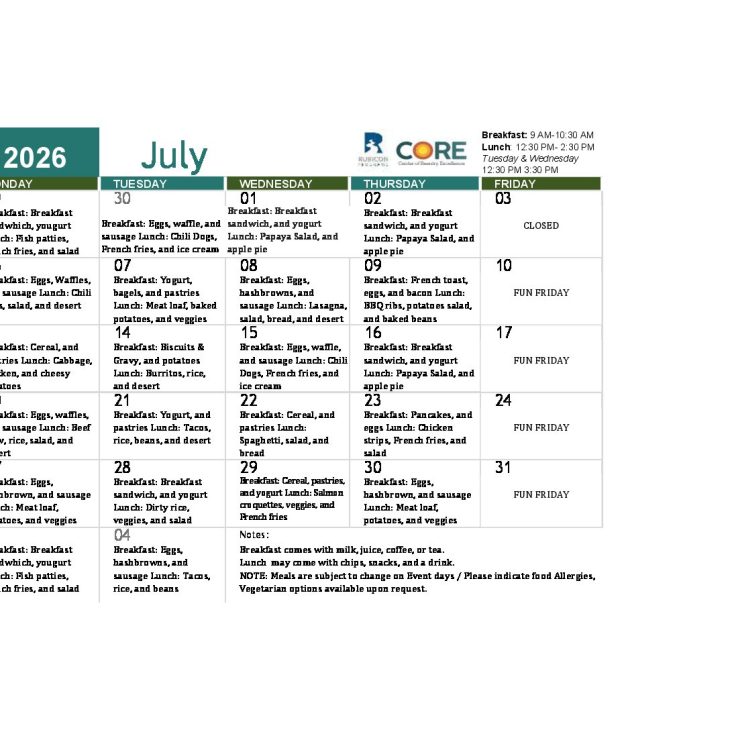 CORE July/Julio 2026 Meal Calendar