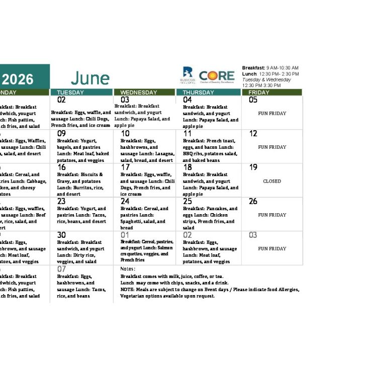 CORE June/Junio 2026 Meal Calendar