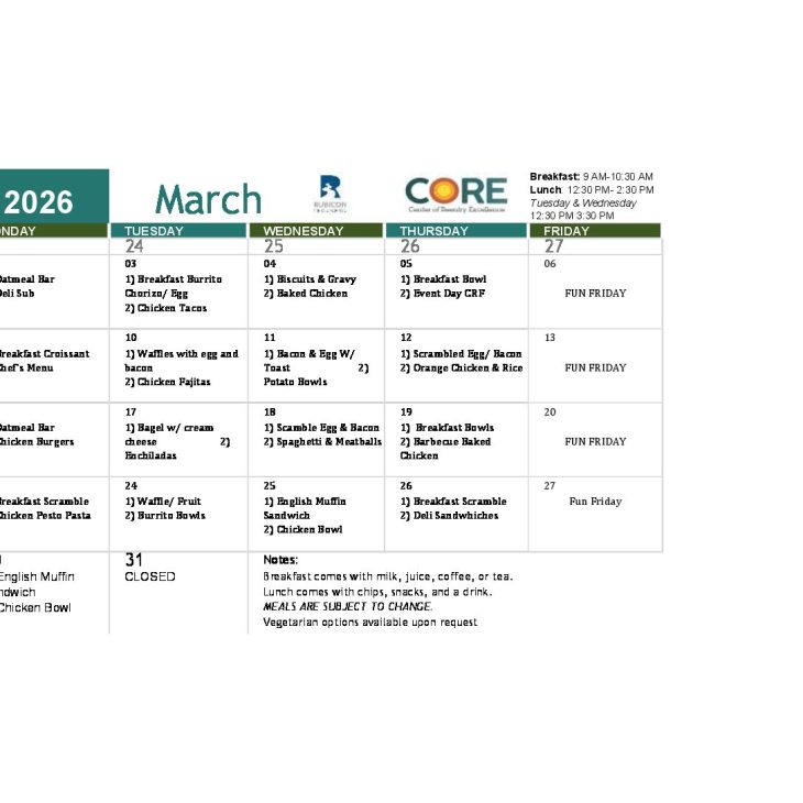 CORE March 2026 Meal Calendar