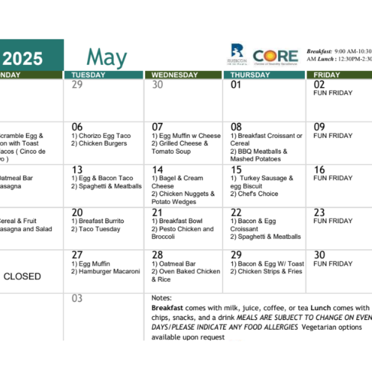 CORE May 2025 Meal Calendar