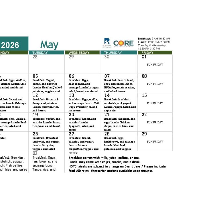 CORE May/Mayo 2026 Meal Calendar