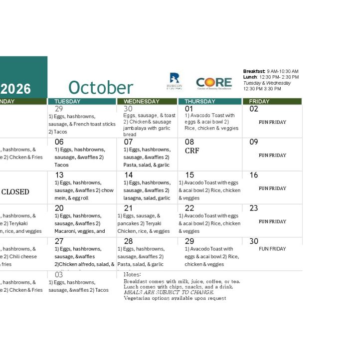 CORE October/Octubre 2026 Meal Calendar