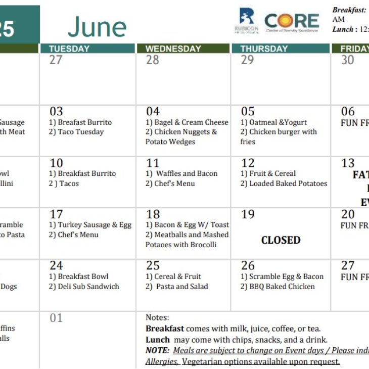 CORE June 2025 Meal Calendar