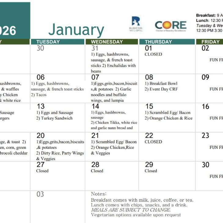 CORE January 2026 Meal Calendar